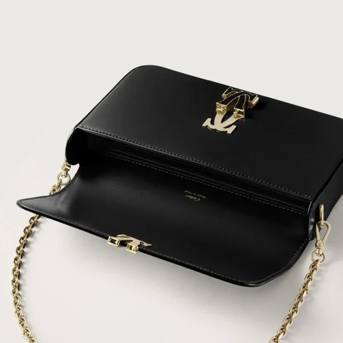 Mini-Kettenhandtasche, Double C de Cartier – Schwarzes Kalbsleder, Gold- und Schwarz-Emaille-Finish – Cartier