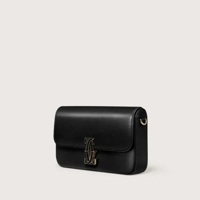 Mini-Kettenhandtasche, Double C de Cartier – Schwarzes Kalbsleder, Gold- und Schwarz-Emaille-Finish – Cartier