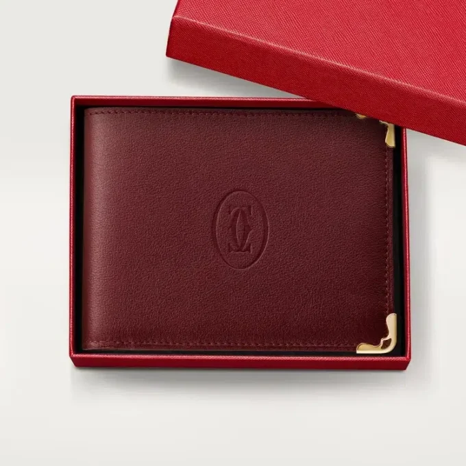 Münzfach/Banknotenfächer/burgunderrotes Kalbsleder, goldene Oberfläche – Cartier