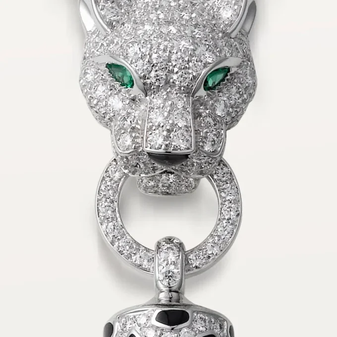 Panthere De Cartier Halskette – Weißgold, schwarzer Lack, Smaragde, Onyx, Diamanten – Cartier