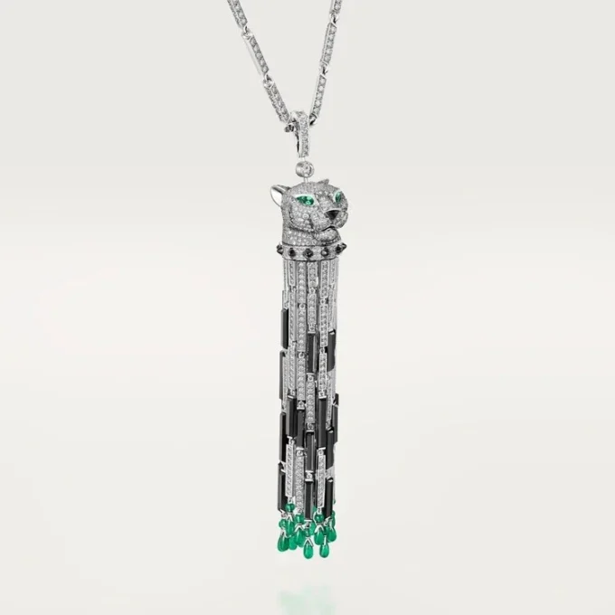 Panthere De Cartier Lange Halskette, Smaragd, vielseitig tragbar, großes Modell, pavé-besetzt
