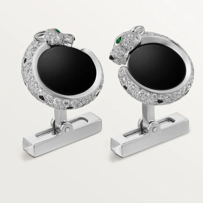 Panthere De Cartier Manschettenknöpfe – Rhodiniertes Weißgold, Diamanten, Smaragde, Onyx – Cartier