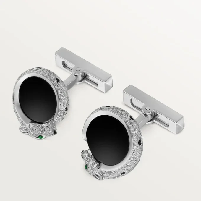 Panthere De Cartier Manschettenknöpfe – Rhodiniertes Weißgold, Diamanten, Smaragde, Onyx – Cartier