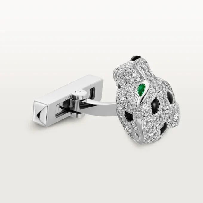 Panthere De Cartier Manschettenknöpfe – Rhodiniertes Weißgold, Diamanten, Smaragde, Onyx – Cartier