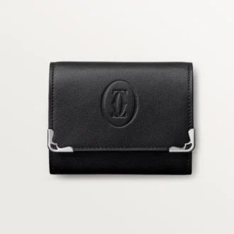 Quadratisches Portemonnaie, Must de Cartier – Schwarzes Kalbsleder, Edelstahl-Finish – Cartier